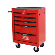 Mobile contenitore con 5 cassetti e ruote con chiusura a chiave per officina e garage; in acciaio; rosso e nero