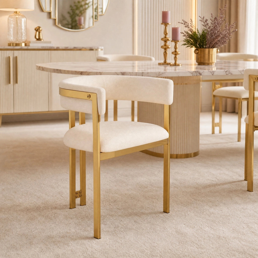 Set di 6 sedie 60.0x50.0x76.0 cm con schienale semicircolare in chenille beige e oro