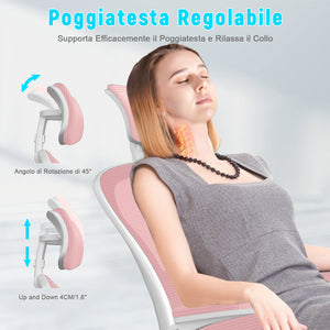 Sedia ufficio ergonomica - RATTANTREE  - Sedie da scrivania con Supporto Lombare e Poggiatesta Regolabile - Rosa