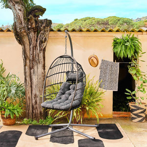 Poltrona sospesa in acciaio, rattan, poliestere, antracite