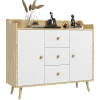 Credenza Moderna in Truciolato e Legno di Pino con 3 Cassetti e 2 Armadietti a 2 Livelli, 90x32x80A cm