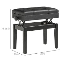 Sgabello per Pianoforte con Altezza Regolabile e Contenitore in Legno e Finta Pelle, 63x35x46-56cm, Nero