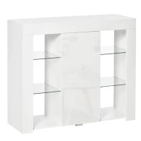 Credenza Moderna a Anta con Luci LED e Mensole in Vetro, Mobile Multiuso in Legno con Finitura Lucida, 97x35x83cm, Bianco