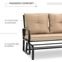 Panchina a Dondolo da Giardino per 2 Persone con Cuscini per Seduta e Schienale, 122x70x87cm, Khaki