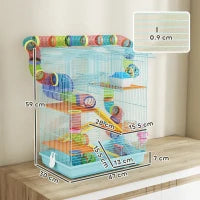 Gabbia per Criceti a 5 Piani con Tubi Colorati, Ruota, Casetta e Accessori, 47x30x59 cm, Azzurro