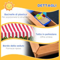 Sabbiera per Bambini in Legno con Tettuccio Regolabile, Sedute e Vaschette, 107.5x107.5x100 cm