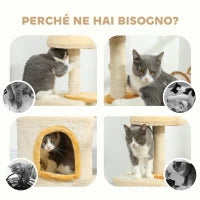 Albero Tiragraffi per Gatti con Posatoio e Casetta, in Legno, Peluche e Sisal, 40x30x72 cm, Beige e Giallo