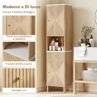 Colonna Bagno con Cassetto, 2 Armadietti e Ripiani Regolabili, Ripiano Effetto Marmo, 41.5x30x168 cm, Rovere