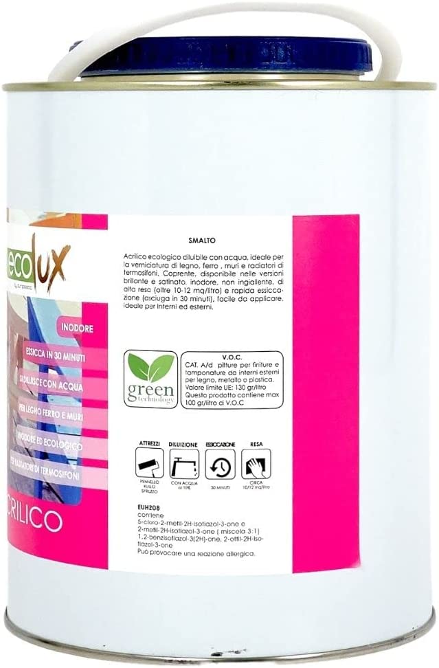 Ecolux smalto ecologico lucido acrilico ad acqua inodore per interno ed esterno *** tinta rosso ossido, contenuto lit...