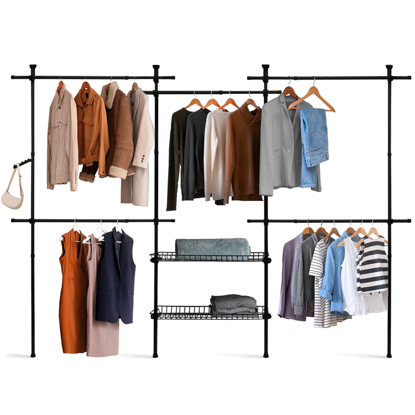 IDMarket - ELIOT armadio telescopico estensibile 209/305 cm 5 armadi + 2 cestini in metallo nero