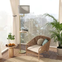 Lampada da Terra Moderna con Mensola, Paralume in Lino, Interruttore a Catena e Porta USB Ø40x170 cm, Oro