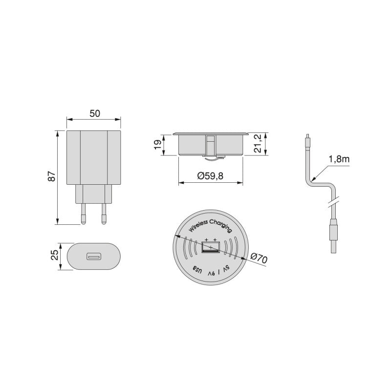 Emuca Caricabatterie wireless nascosto Airtop 2, D.60mm, 5V DC 2A (Qi-10W), Tecnoplastica, Nero