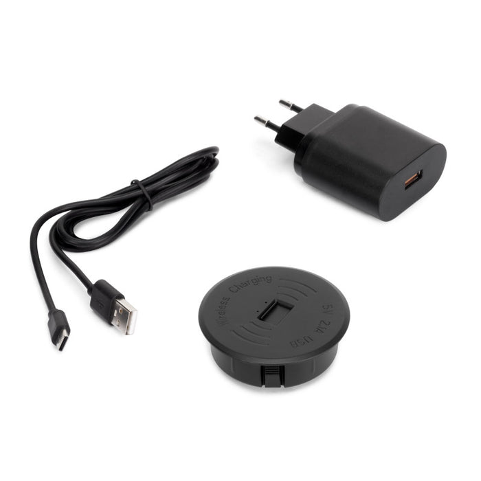 Emuca Caricabatterie wireless nascosto Airtop 2, D.60mm, 5V DC 2A (Qi-10W), Tecnoplastica, Nero