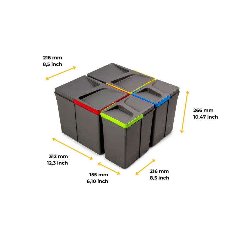 Emuca Kit di contenitori per la raccolta differenziata per cassetti da cucina Recycle Altezza Recycle 216 mm, 1x12lt, ..