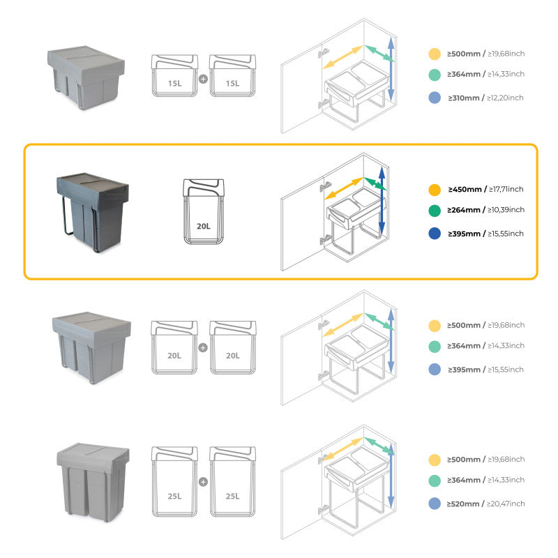 Emuca Kit di contenitori per la raccolta differenziata per cassetti da cucina Recycle Altezza Recycle 266 mm, 2x15 lt,..