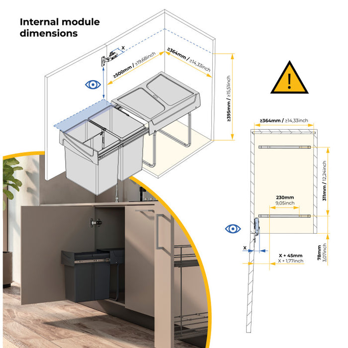 Emuca Kit di contenitori per la raccolta differenziata per cassetti da cucina Recycle Altezza Recycle 266 mm, 2x7 lt, ..