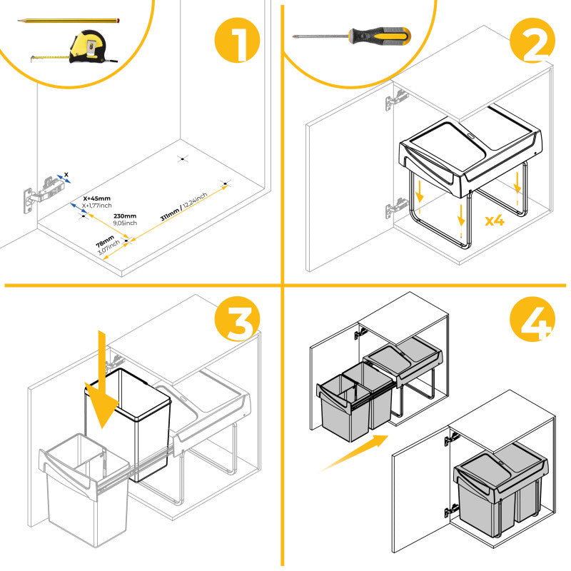 Emuca Kit di contenitori per la raccolta differenziata per cassetti da cucina Recycle Altezza Recycle 266 mm, 2x7 lt, ..
