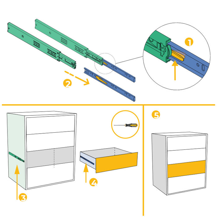 Emuca Lotto di 5 set guide per cassetti, a sfera, altezza 45 mm, profondità 500 mm, estraibili, chiusura soft, Nera