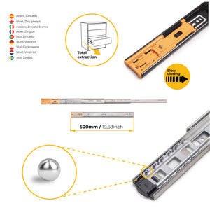 Emuca Lotto di 5 set guide per cassetti, a sfera, altezza 45 mm, profondità 500 mm, estraibili, chiusura soft, Nera