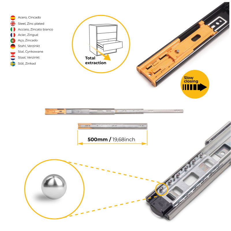 Emuca Lotto di 5 set guide per cassetti, a sfera, altezza 45 mm, profondità 500 mm, estraibili, chiusura soft, Nera
