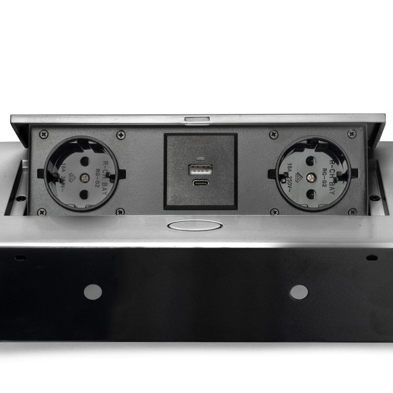 Emuca Multiconnettore Atom 26, 225x111mm, 2 prese Schuko, 1 USB Tipo A, 1 USB Tipo C, 1 RJ45, 1 HDMI, Zama-Acciaio-Pla..