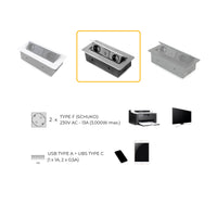 Emuca Multiconnettore Atom 26, 225x111mm, 2 prese Schuko, 1 USB Tipo A, 1 USB Tipo C, 1 RJ45, 1 HDMI, Zama-Acciaio-Pla..