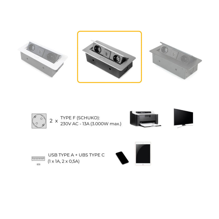 Emuca Multiconnettore Atom 26, 225x111mm, 2 prese Schuko, 1 USB Tipo A, 1 USB Tipo C, 1 RJ45, 1 HDMI, Zama-Acciaio-Pla..