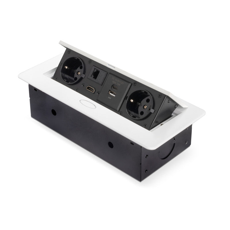 Emuca Multiconnettore Atom 26, 225x111mm, 2 prese Schuko, 1 USB Tipo A, 1 USB Tipo C, 1 RJ45, 1 HDMI, Zama-Acciaio-Pla..