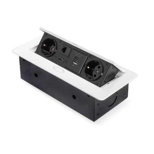 Emuca Multiconnettore Atom 26, 225x111mm, 2 prese Schuko, 1 USB Tipo A, 1 USB Tipo C, 1 RJ45, 1 HDMI, Zama-Acciaio-Pla..