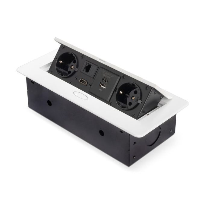 Emuca Multiconnettore Atom 26, 225x111mm, 2 prese Schuko, 1 USB Tipo A, 1 USB Tipo C, 1 RJ45, 1 HDMI, Zama-Acciaio-Pla..