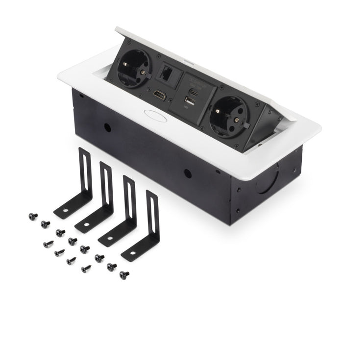 Emuca Multiconnettore Atom 26, 225x111mm, 2 prese Schuko, 1 USB Tipo A, 1 USB Tipo C, 1 RJ45, 1 HDMI, Zama-Acciaio-Pla..