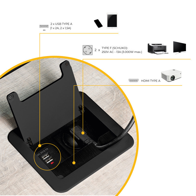 Emuca Multiconnettore da tavolo Atom 26 Lite, 225x111 mm, 2 prese Schuko, 1 USB Tipo A, 1 USB Tipo C, Zama-Acciaio-Pla..