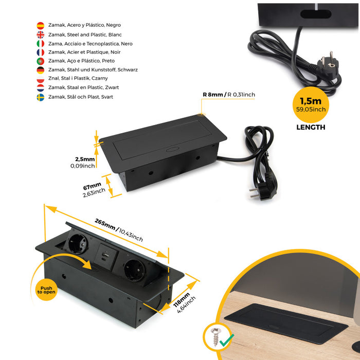 Emuca Multiconnettore da tavolo Atom 26 Lite, 225x111 mm, 2 prese Schuko, 1 USB Tipo A, 1 USB Tipo C, Zama-Acciaio-Pla..