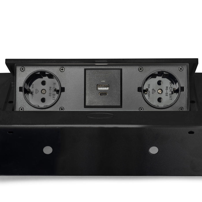 Emuca Multiconnettore da tavolo Atom 26 Lite, 225x111 mm, 2 prese Schuko, 1 USB Tipo A, 1 USB Tipo C, Zama-Acciaio-Pla..