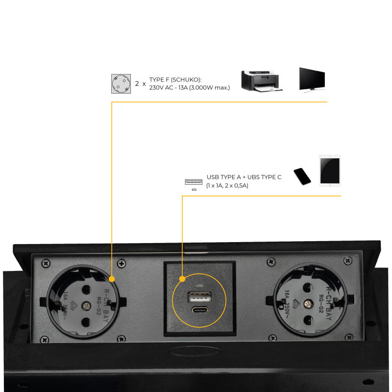 Emuca Multiconnettore da tavolo Atom 26 Lite, 225x111 mm, 2 prese Schuko, 1 USB Tipo A, 1 USB Tipo C, Zama-Acciaio-Pla..