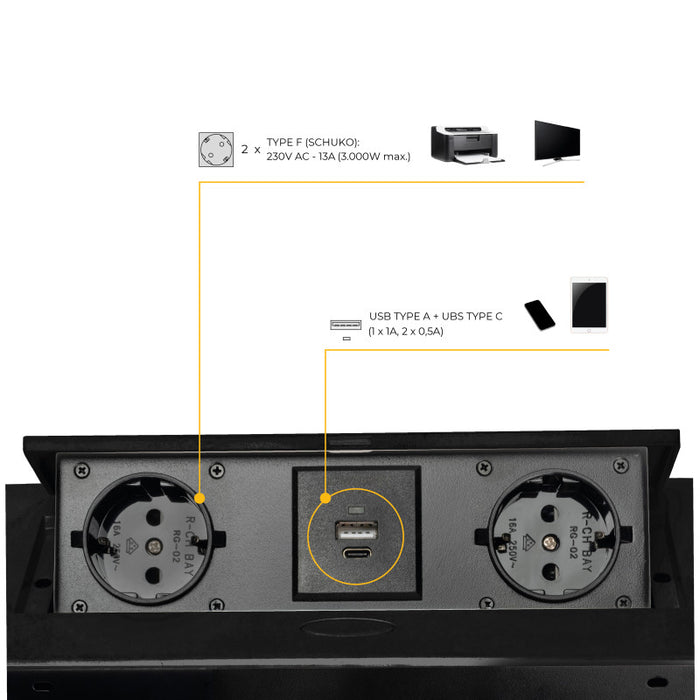 Emuca Multiconnettore da tavolo Atom 26 Lite, 225x111 mm, 2 prese Schuko, 1 USB Tipo A, 1 USB Tipo C, Zama-Acciaio-Pla..