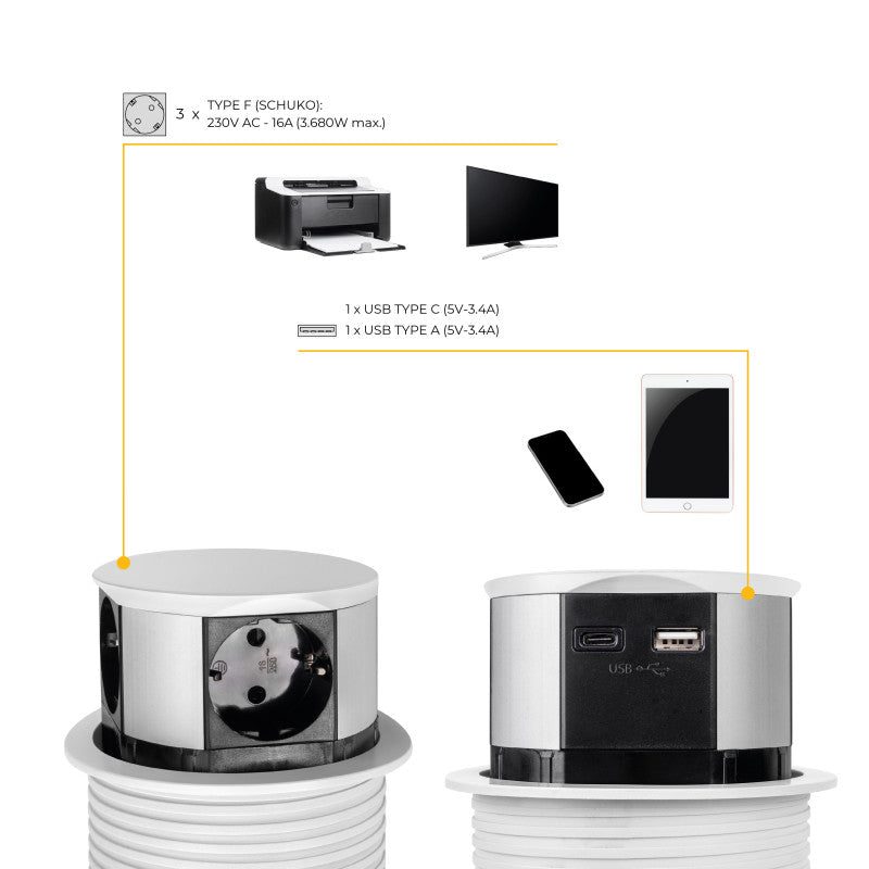 Emuca Multiconnettore Vertikal Push diametro 100mm, 3 spine di tipo Schuko, 1 USB tipo A, 1 USB tipo C, Acciaio e Tecn..