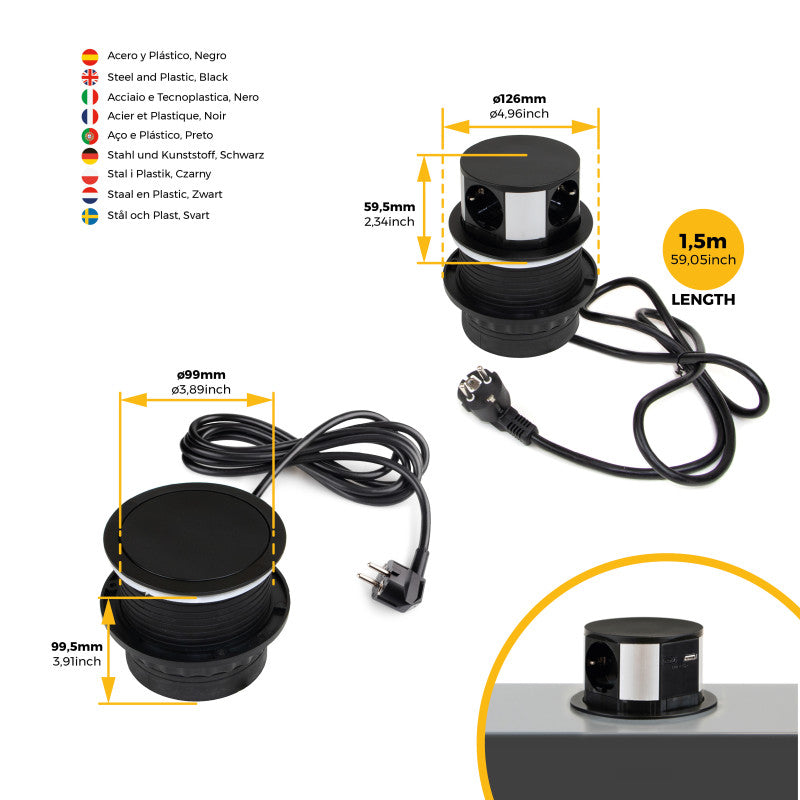 Emuca Multiconnettore Vertikal Push diametro 100mm, 3 spine di tipo Schuko, 1 USB tipo A, 1 USB tipo C, Acciaio e Tecn..