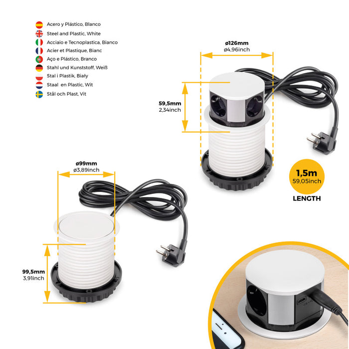 Emuca Multiconnettore Vertikal Push diametro 100mm, 3 spine di tipo Schuko, 1 USB tipo A, 1 USB tipo C, Acciaio e Tecn..