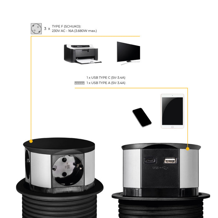 Emuca Multiconnettore Vertikal Push diametro 100mm, 3 spine di tipo Schuko, 1 USB tipo A, 1 USB tipo C, Acciaio e Tecn..