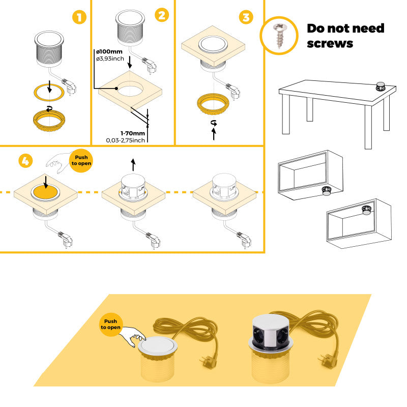 Emuca Multiconnettore Vertikal Push diametro 100mm, 3 spine di tipo Schuko, 1 USB tipo A, 1 USB tipo C, Acciaio e Tecn..