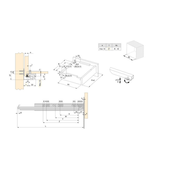 Emuca Set di guide per cassetti a scomparsa Silver, estrazione totale, push, profondità 300 mm, Acciaio, Zincato bianco