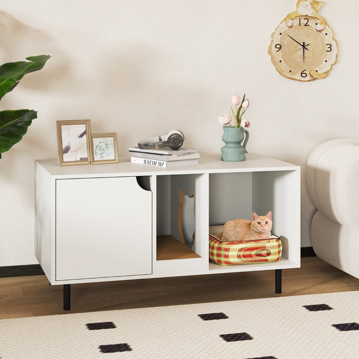 Enclosure per lettiera per 2 gatti con pannello grattugia rimovibile, Casa per gatti a due stanze in legno Bianco-Lettini e divanetti