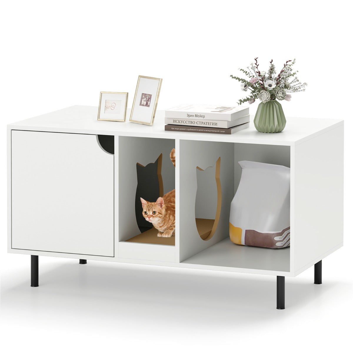 Enclosure per lettiera per 2 gatti con pannello grattugia rimovibile, Casa per gatti a due stanze in legno Bianco-Lettini e divanetti