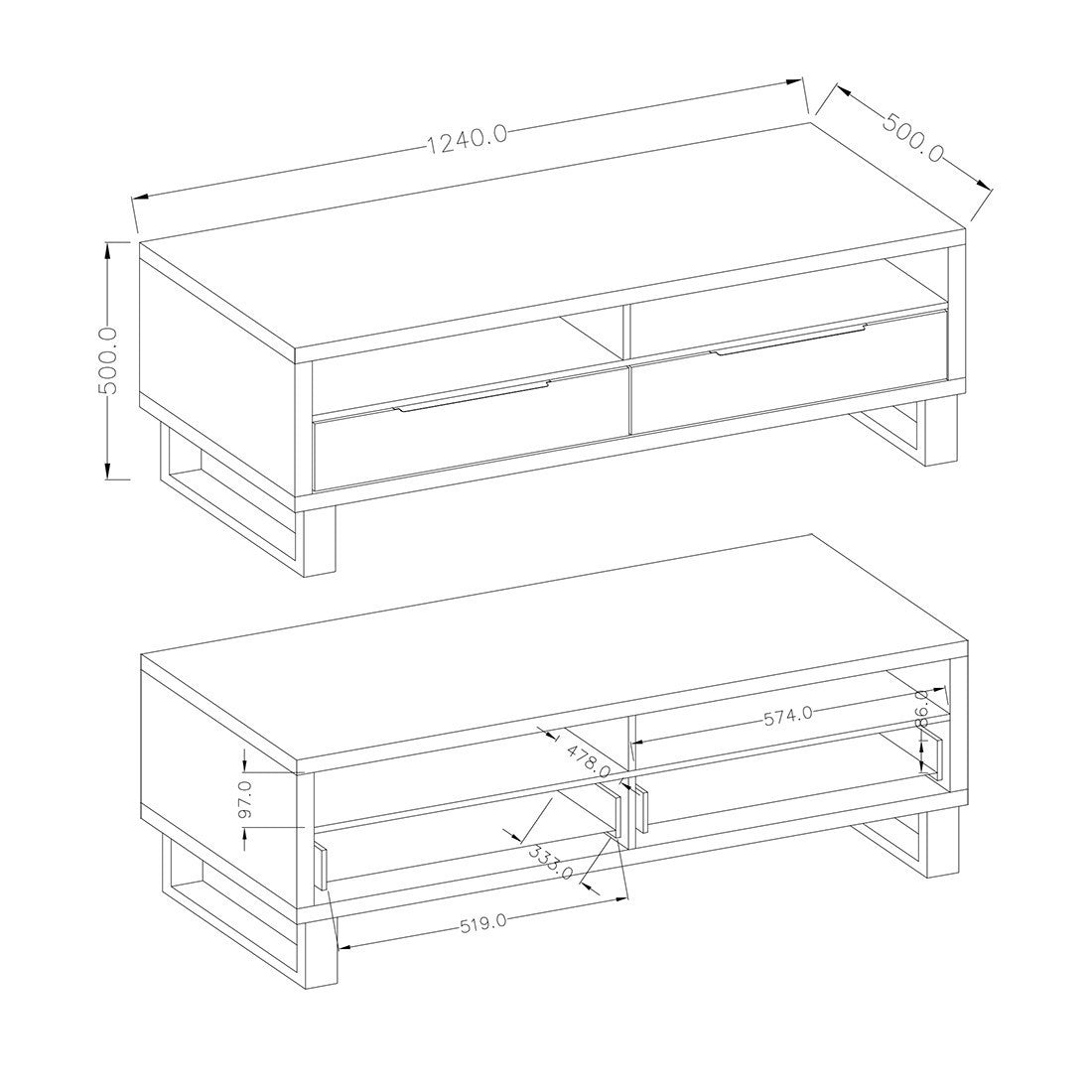Set di 3 mobili da soggiorno collezione MILO. Colore rovere. Stile industriale.