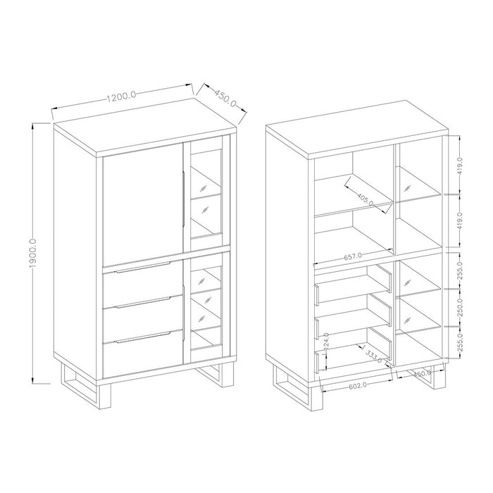 Set di 3 mobili da soggiorno collezione MILO. Colore rovere. Stile industriale.