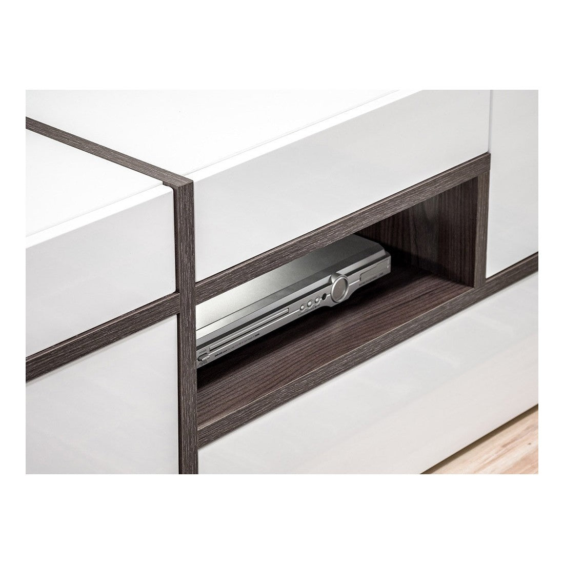 Set 4 mobili da salotto collezione CRISS con LED integrati. Colore bianco e finiture in rovere.