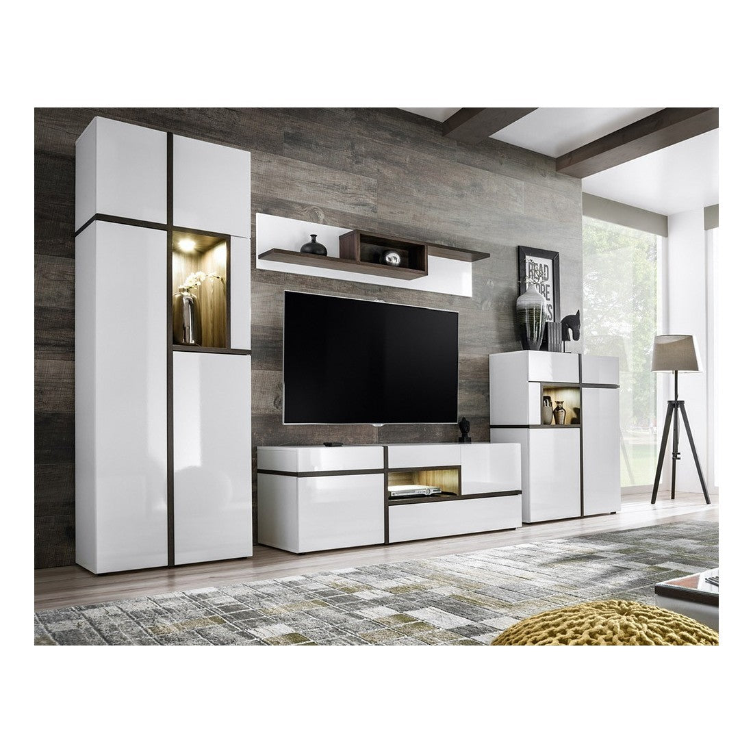 Set 4 mobili da salotto collezione CRISS con LED integrati. Colore bianco e finiture in rovere.