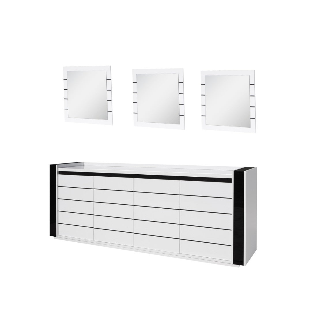 Set buffet LINA con LED e 3 specchi quadrati color bianco e nero