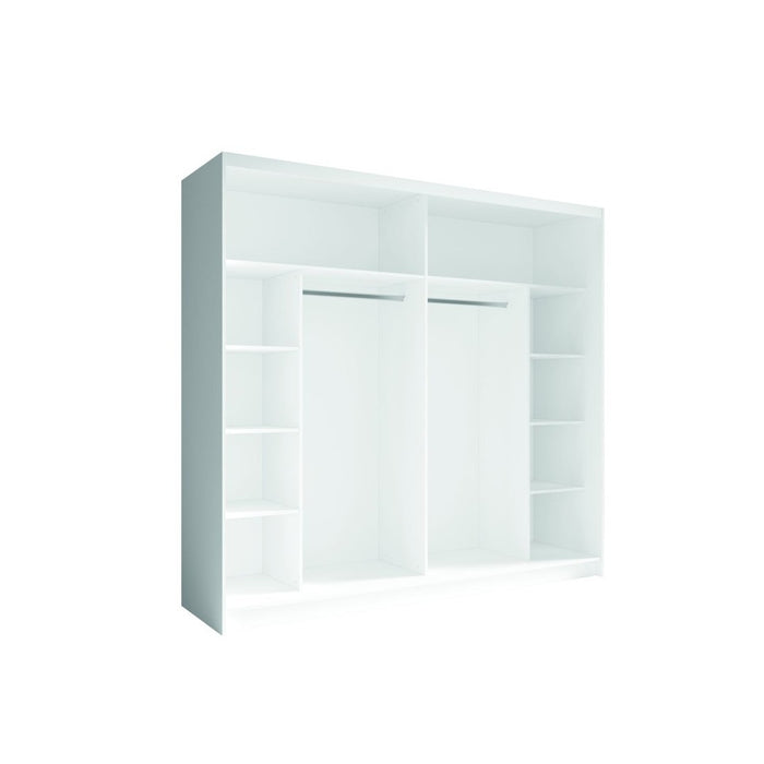 Set camera NOFI - Letto 140x200 cm con rete a doghe, 2 cassetti, comodini, armadio e cassettiera - bianco